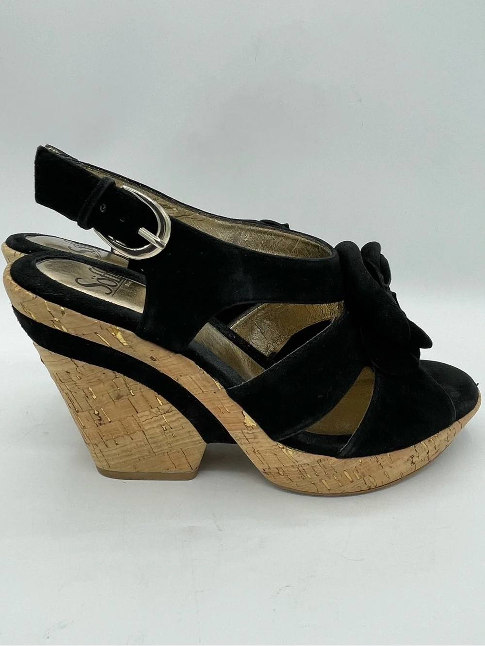 Sofft Black Suede Cork Wedge Sandals with Floral Rosette Accent.